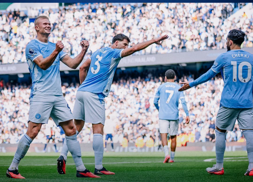 Erling Haaland (Left) celebrates his goal with Antoine Semenyo against Coventry City on Saturday, September 5, 2026 at the Etihad Stadium. PHOTO/https://www.facebook.com/mancity/photos