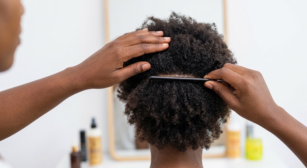 Hands neatly creating a horizontal part in natural, coily hair to divide it for the style.