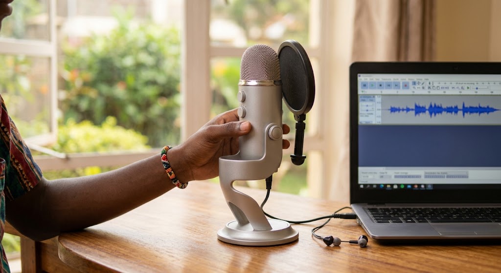 A hand wearing a beaded bracelet adjusting an affordable USB microphone next to a laptop displaying audio waveforms.