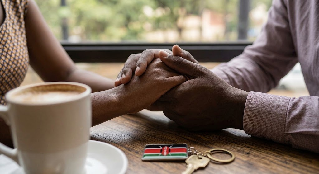 A close-up view focuses on the supportive connection of a couple's hands gently clasped over a table holding shared keys.