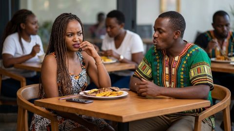 A woman looks completely disgusted and checked out while a man she is on a date with in a restaurant acts strangely, capturing the sudden loss of attraction.