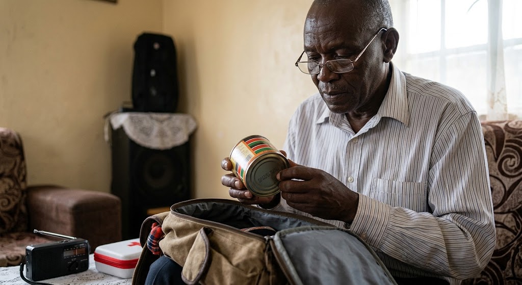 An elderly man meticulously inspects the expiration date on emergency food supplies, ensuring his go-bag remains ready.