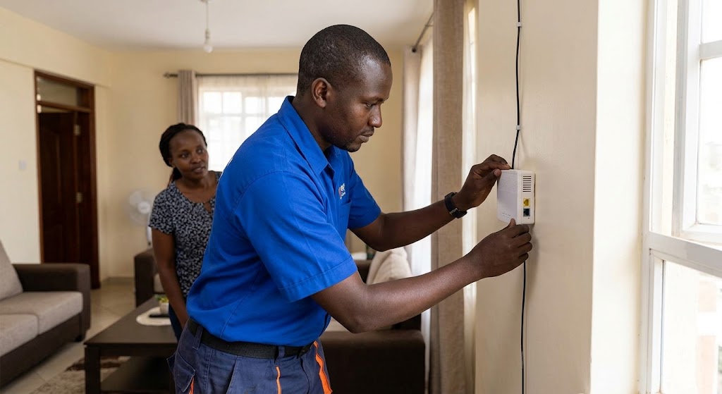 A technician in uniform mounts the small white Optical Network Terminal (ONT) box onto a living room wall.