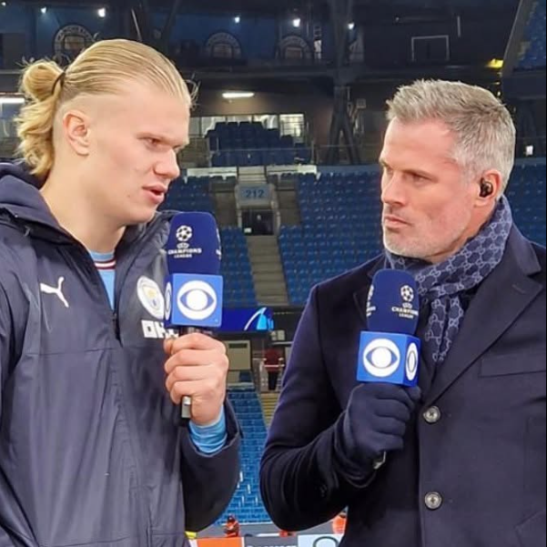Jamie Charragher interviews Manchester City forward Erling Haaland previously. PHOTO/https://www.facebook.com/23Carra/photos