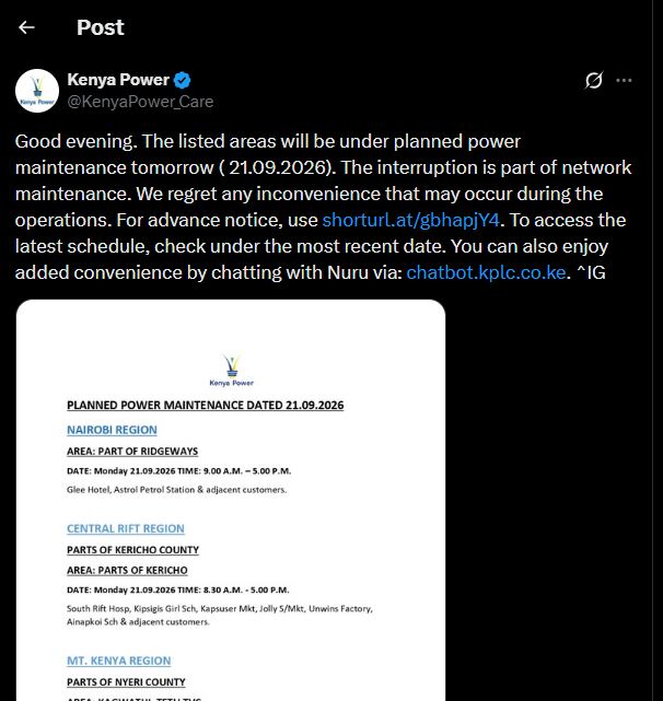 A post shared by Kenya Power. PHOTO/Screengrab by K24 Digital