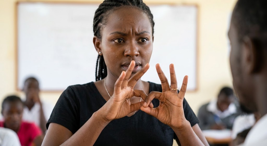 A female KSL instructor demonstrates the facial expressions and hand movements that define the visual grammar of Kenyan Sign Language.