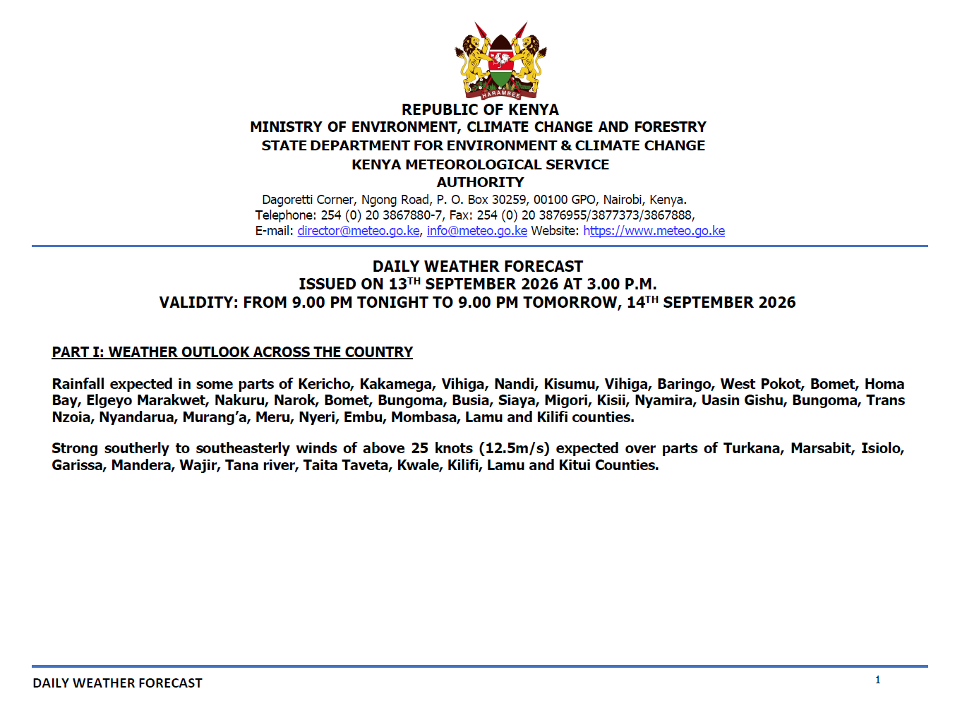Post by Kenya Met Department. PHOTO/Screengrab by K24 Digital from https://meteo.go.ke/our-products/daily-forecast/