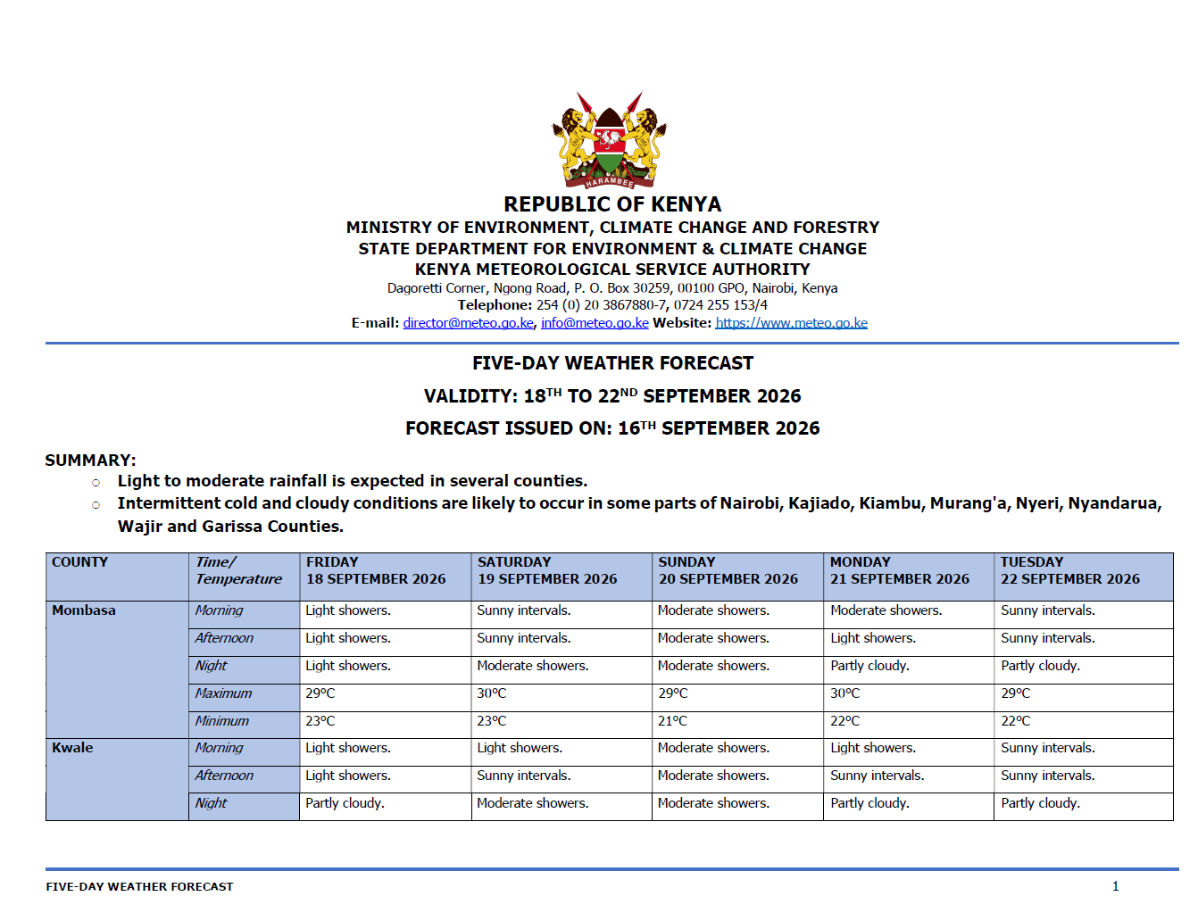 Post by Kenya Met Department. PHOTO/Screengrab by K24 Digital from https://meteo.go.ke/our-products/5-day-forecast/