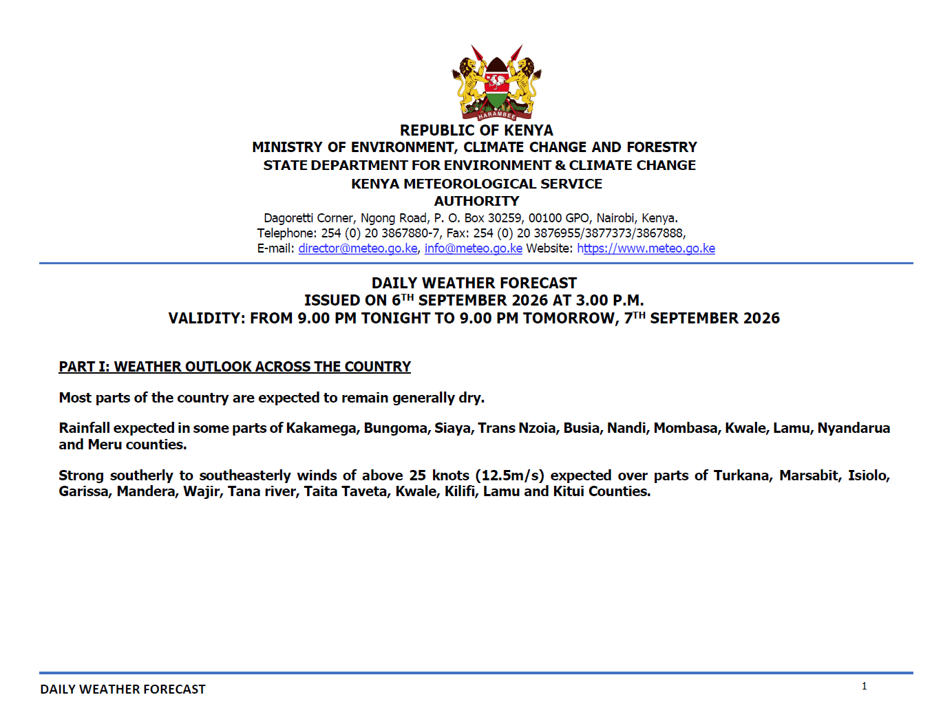 Post by Kenya Met Department. PHOTO/Screengrab by K24 Digital from https://meteo.go.ke/our-products/daily-forecast/