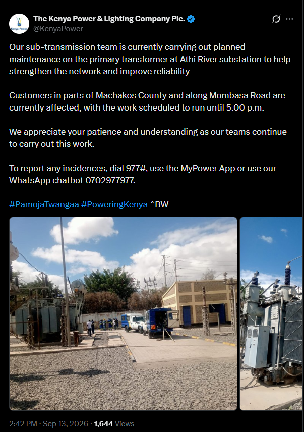 Post by Kenya Power. PHOTO/Screengrab by K24 Digital from X/@KenyaPower