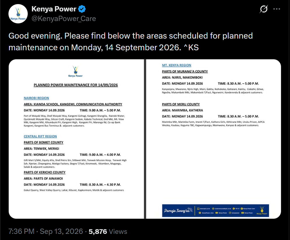 Post by Kenya Power. PHOTO/Screengrab by K24 Digital from X/@KenyaPower_Care