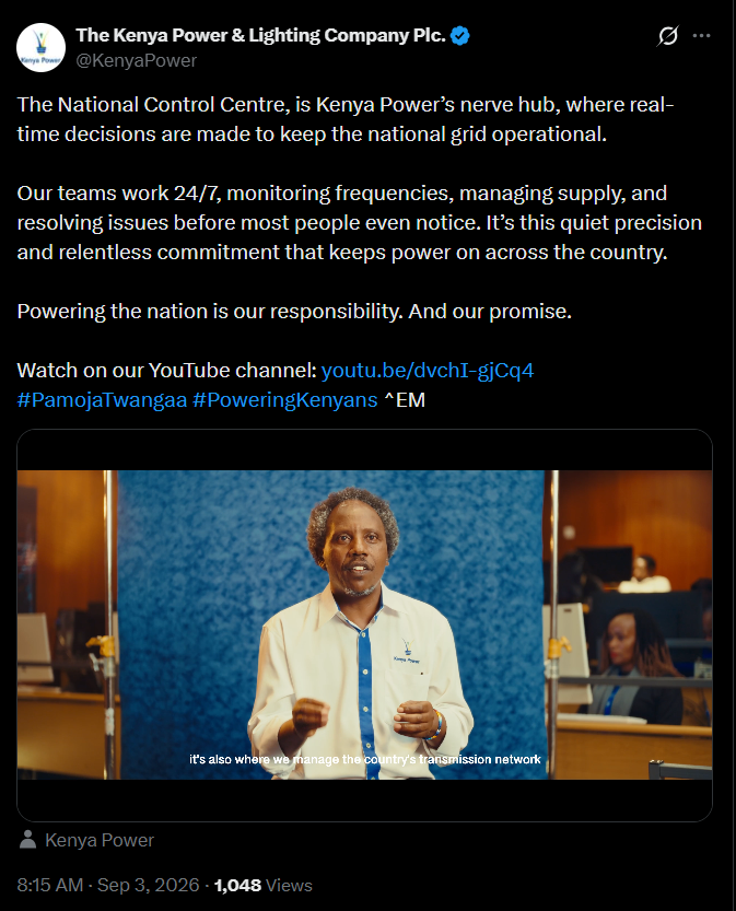 Post by Kenya Power. PHOTO/Screengrab by K24 Digital from X/@KenyaPower