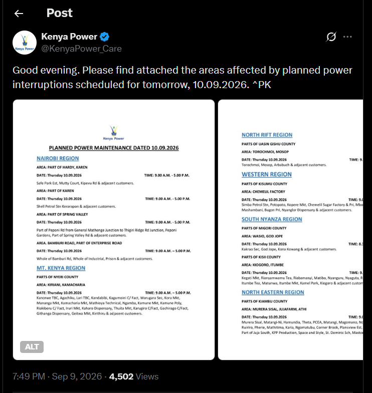 Post by Kenya Power. PHOTO/Screengrab by K24 Digital from X/@KenyaPower_Care