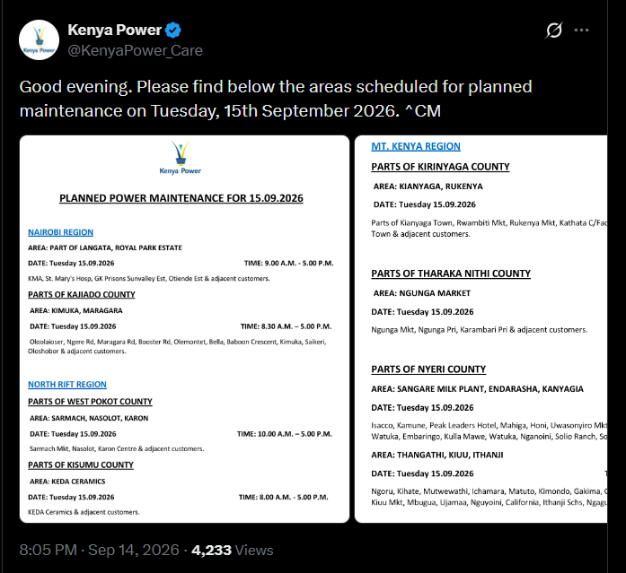 Post by Kenya Power. PHOTO/Screengrab by K24 Digital from X/@KenyaPower_Care