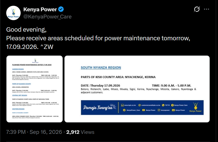 Post by Kenya Power. PHOTO/Screengrab by K24 Digital from X/@KenyaPower_Care