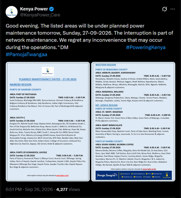 Post by Kenya Power. PHOTO/Screengrab by K24 Digital from X/@KenyaPower_Care