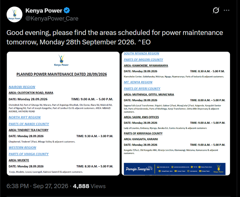 Post by Kenya Power. PHOTO/Screengrab by K24 Digital from X/@KenyaPower_Care
