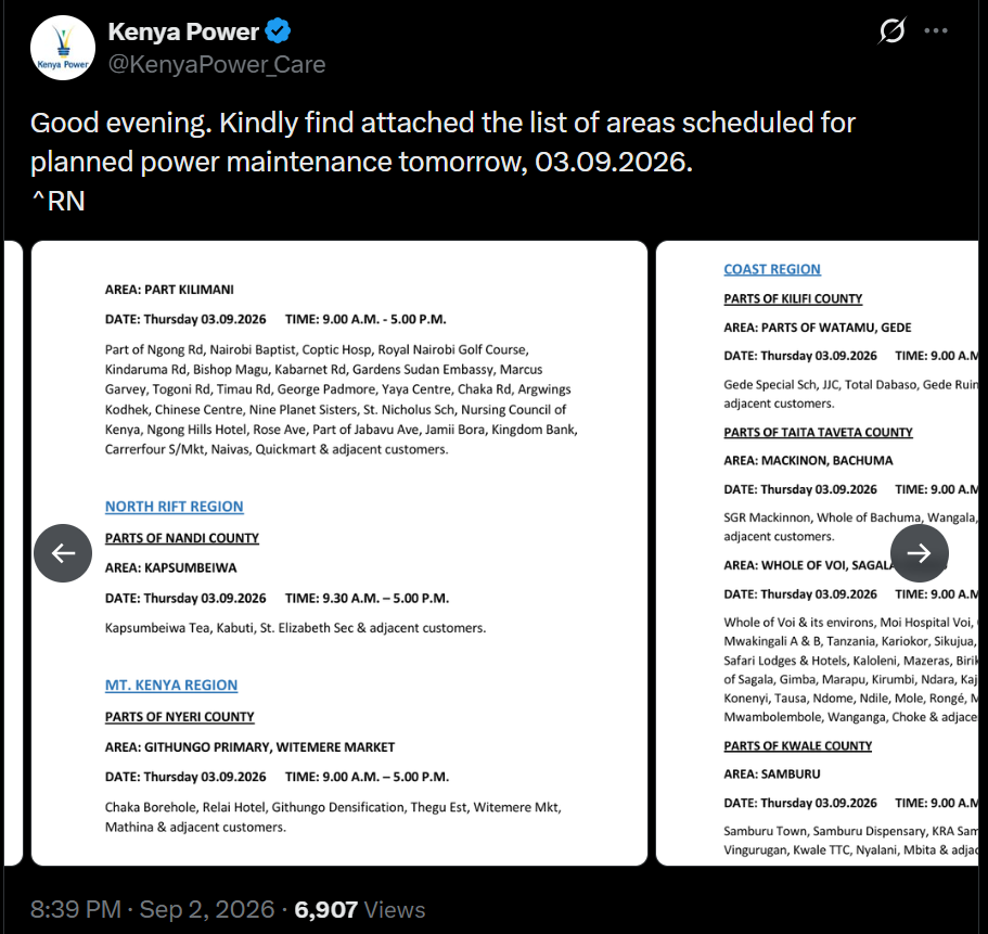Post by Kenya Power. PHOTO/Screengrab by K24 Digital from X/@KenyaPower_Care