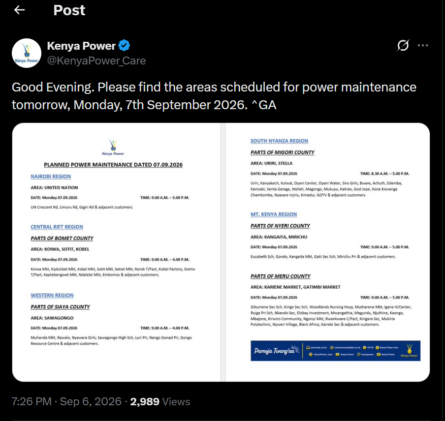 Post by Kenya Power. PHOTO/Screengrab by K24 Digital from X/@KenyaPower_Care