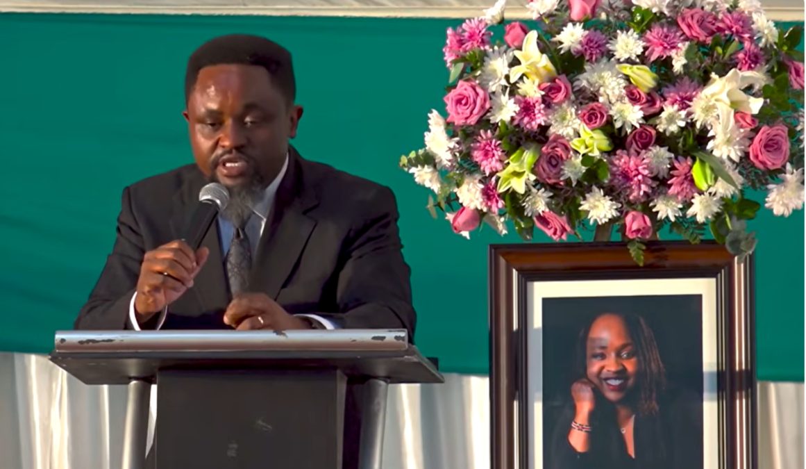 The late Rosemary Chemutai Kimwatu’s husband Kevin Migwe speaking durimg her memorial mass. PHOTO/screengrab by K24 Digital from video shared online