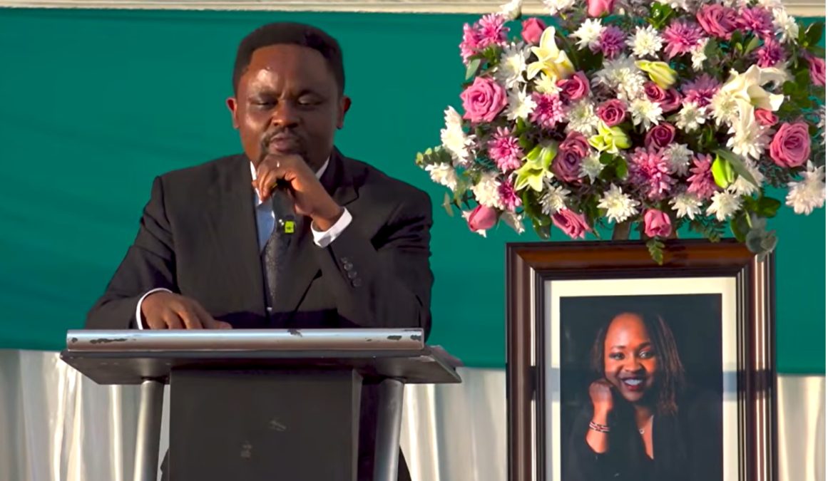 The late Rosemary Chemutai Kimwatu’s husband Kevin Migwe speaking durimg her memorial mass. PHOTO/screengrab by K24 Digital from video shared online