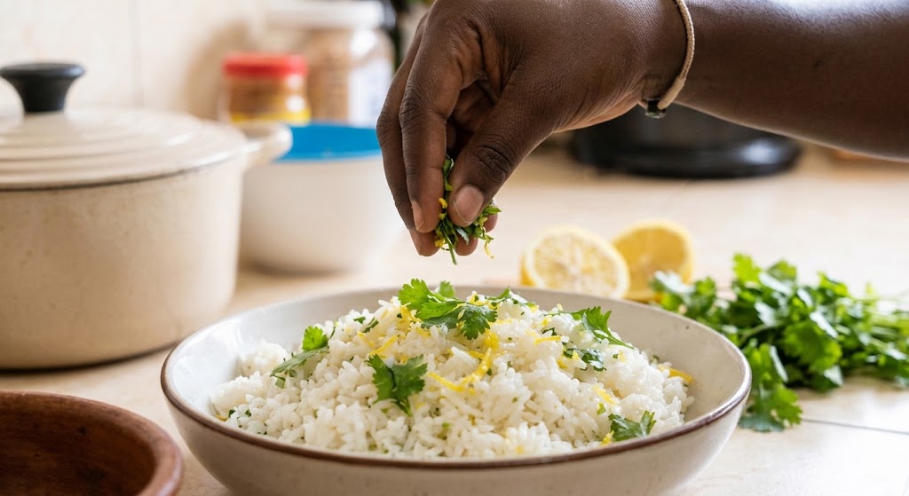A hand sprinkling finely chopped fresh coriander and grated lemon zest over a bowl of warm white rice.