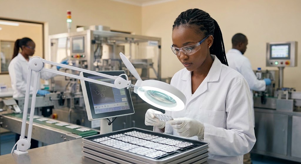 A technician inspects blister packs of locally manufactured once-monthly HIV prevention pills in a pharmaceutical facility.