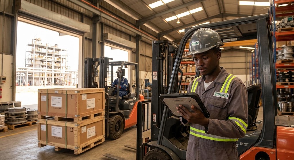 A logistics worker uses a tablet to coordinate cargo movements in a busy warehouse.