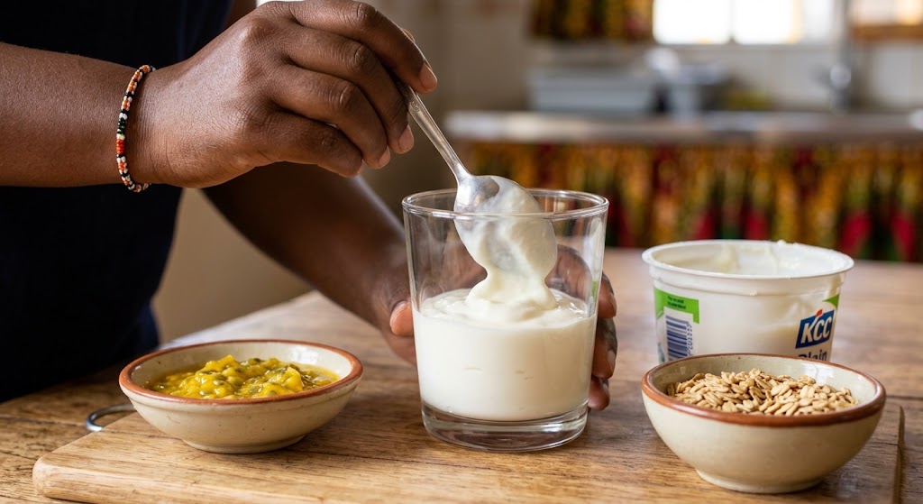 A hand spooning plain yoghurt from a container to begin layering the parfait with fresh passion fruit.