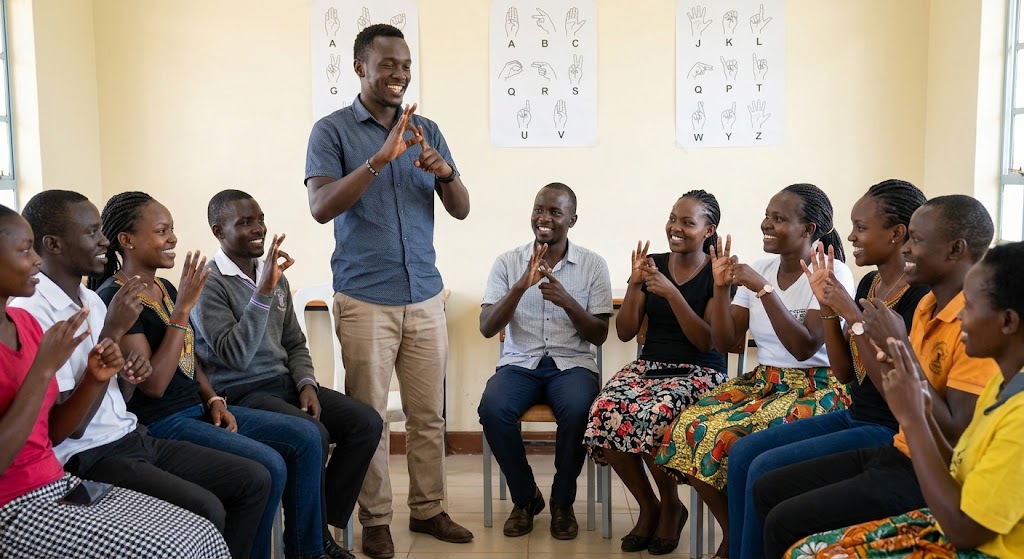 A male deaf instructor leads a diverse group of adult learners through basic signs during a community workshop.