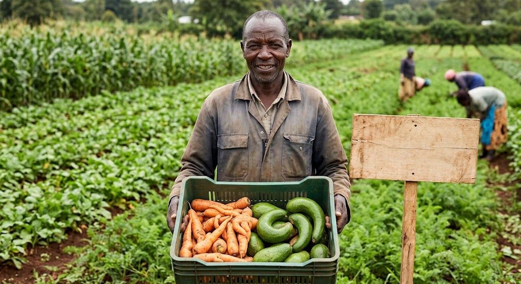 A smiling farmer holds a crate of healthy, oddly shaped vegetables from his recent harvest that are now ready for sale.