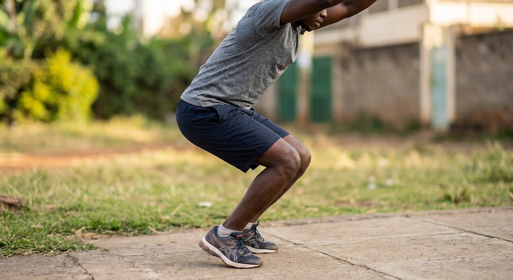 A man landing softly with bent knees after the final explosive jump.