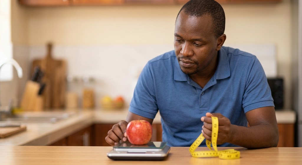 A thoughtful fasting man examines a kitchen scale and measuring tape.
