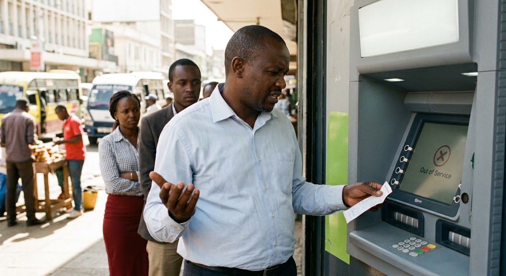 A man expresses frustration at a faulty ATM, highlighting service reliability issues.