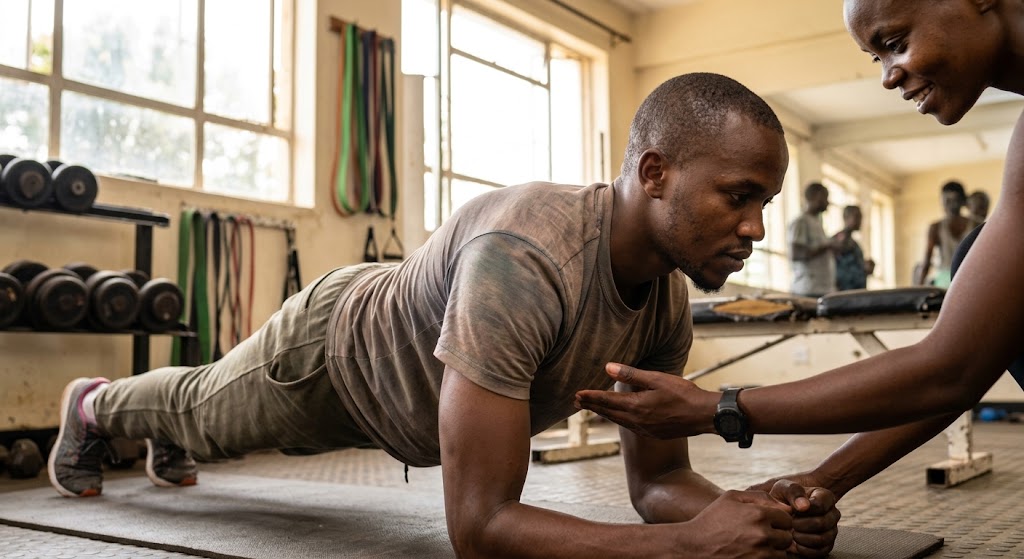 A man holds a forearm plank as a trainer guides his hip alignment.
