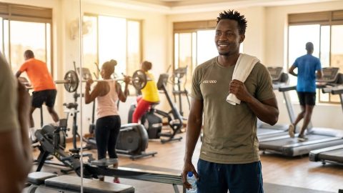 A hopeful man looking at a gym reflection.