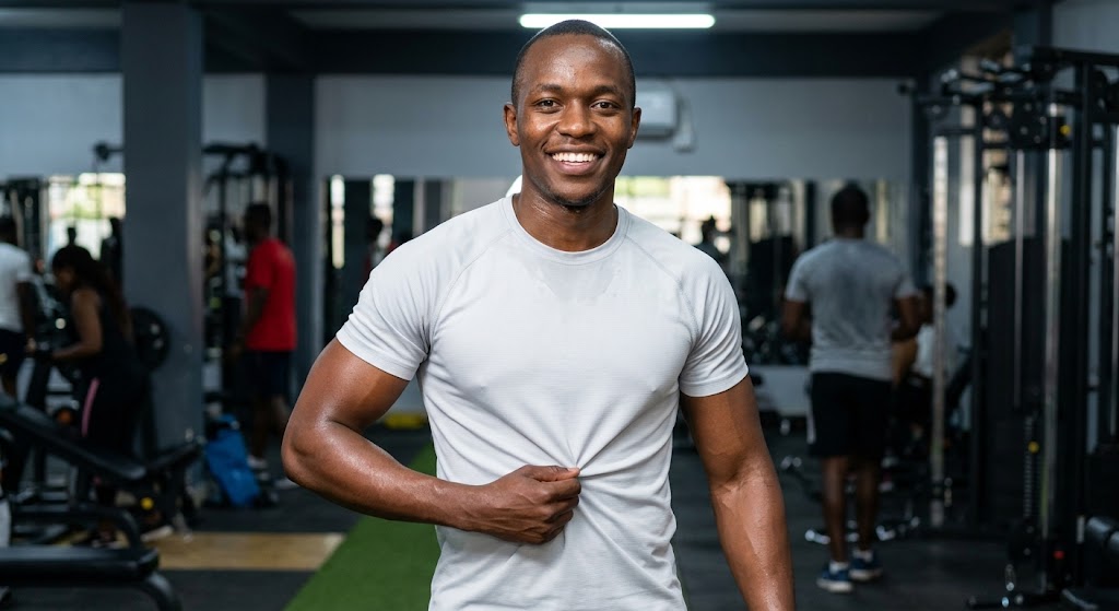 A pleased man smiling about his loose-fitting clothes.