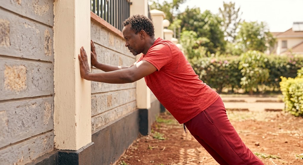 A man doing wall push-ups against the side of a house.