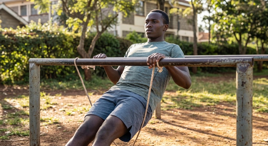 A man builds foundational strength by performing inverted rows on a low, weathered bar in a neighbourhood outdoor gym.