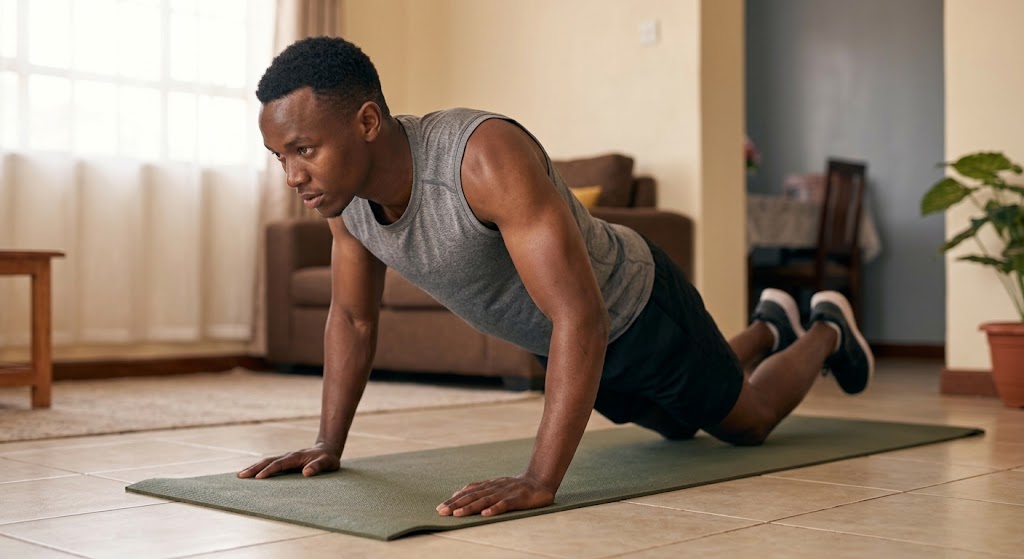 A young man practicing modified knee push-ups on an indoor mat.