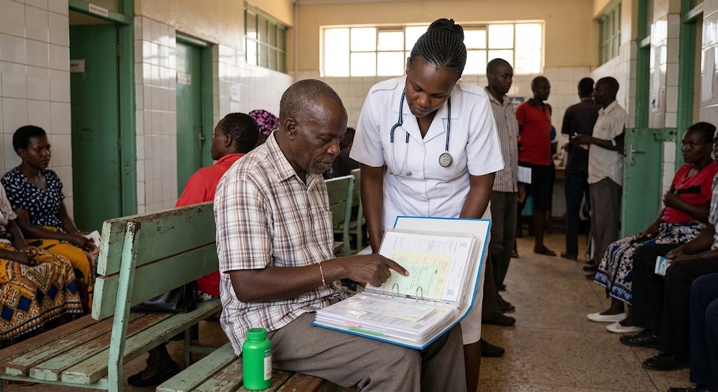 A patient shows his organised medical folder to a nurse in a hospital waiting bay.