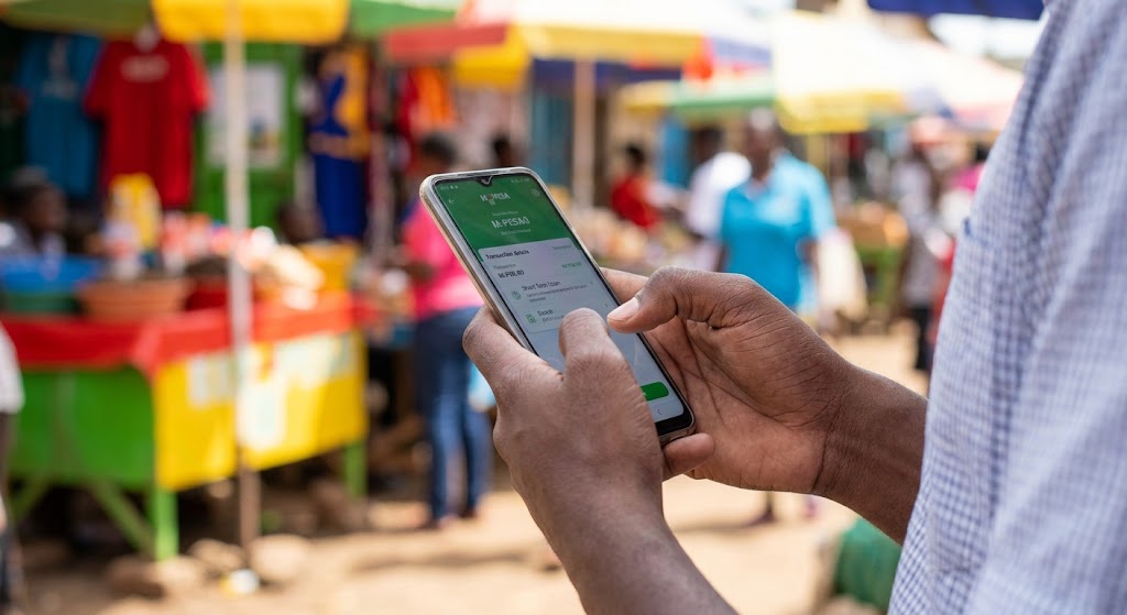 A person holding a smartphone, scrolling through a mobile banking app.