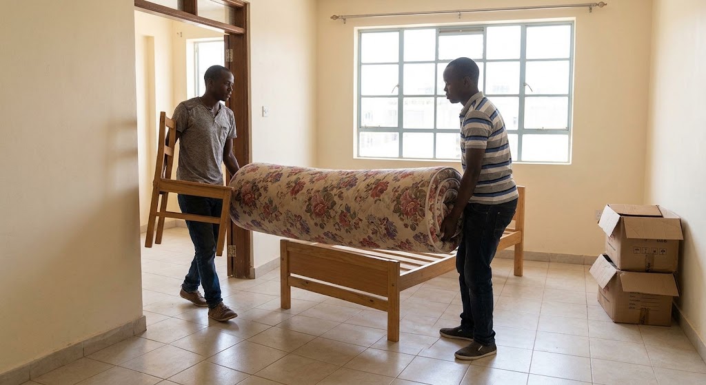 A man and a mover carry his furniture, which looks lost within the spacious new living room.