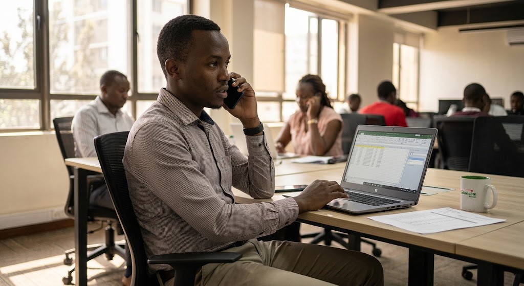 A young professional at his office desk looking distracted by a smartphone while working on his laptop.