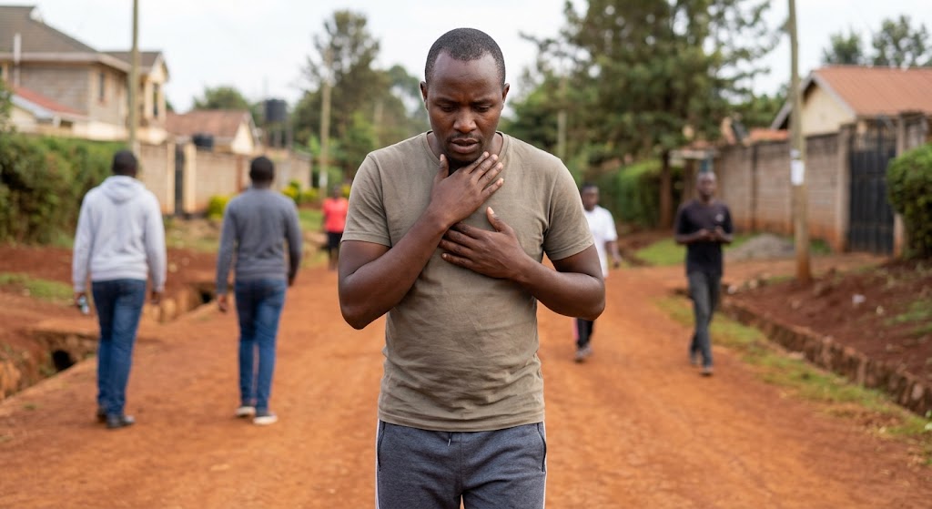 A jogger pauses mid-stride on a red earth path, checking his throat and chest for warning signs, illustrating the 'neck rule' for self-assessment.