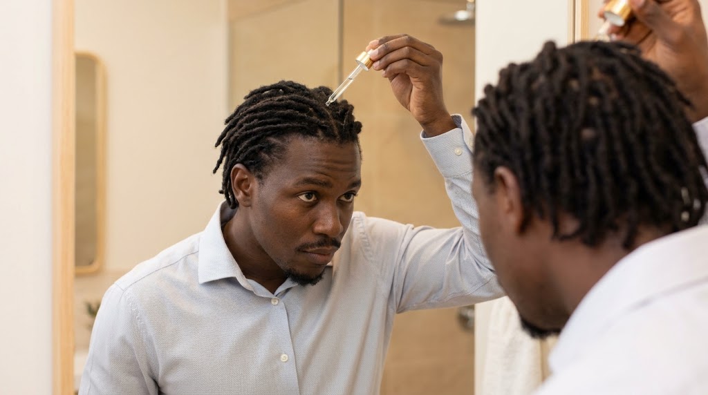 A man applies a lightweight oil to maintain a healthy scalp and polished loc appearance.