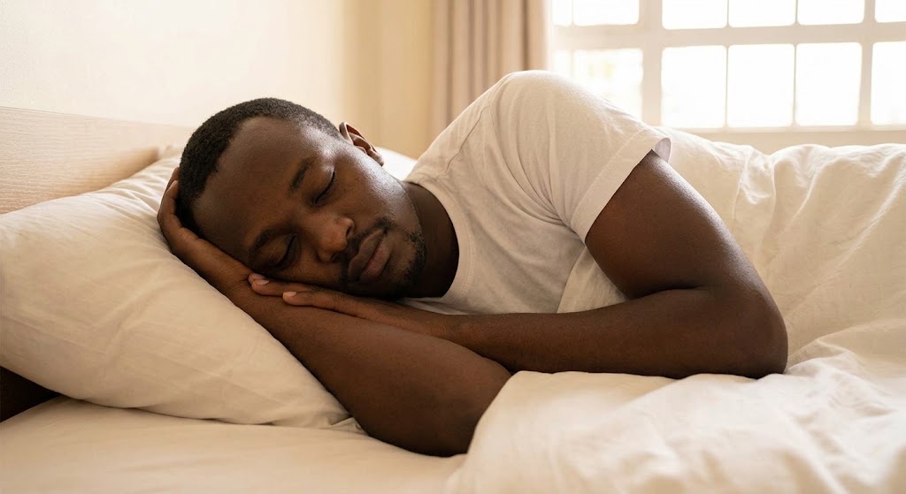 A man rests peacefully in natural morning light, illustrating the goal of device-free sleep.