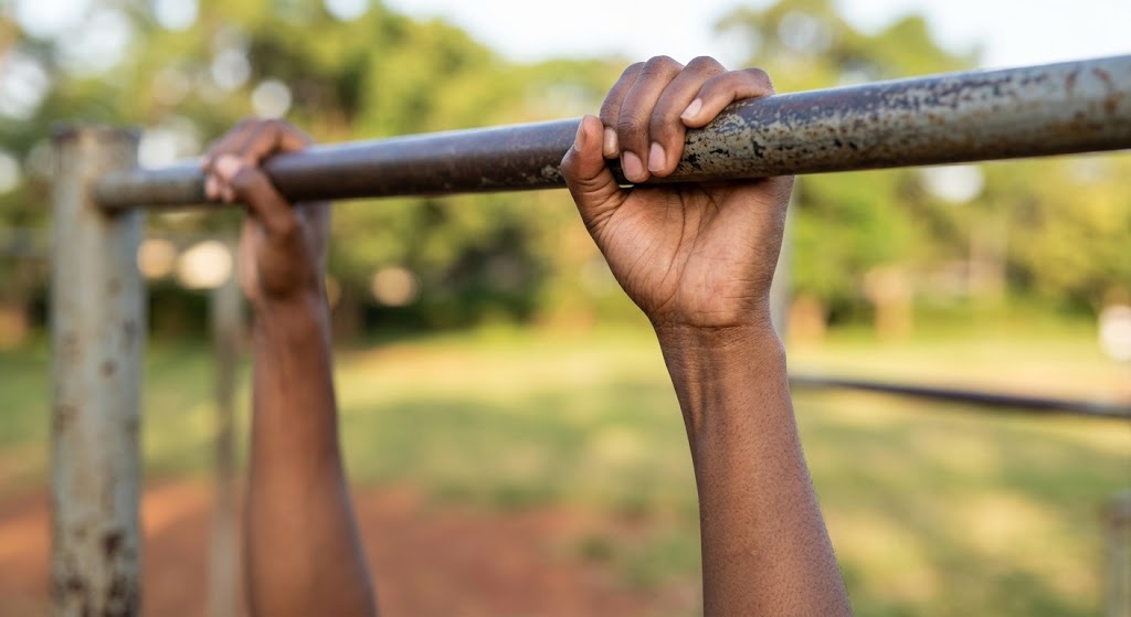 Tensed hands gripping a bar, highlighting the controlled effort of a negative pull-up.