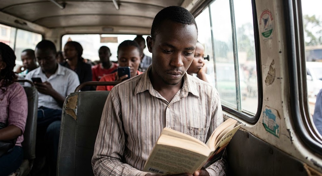 A young man commutes while reading a paperback novel on a matatu.