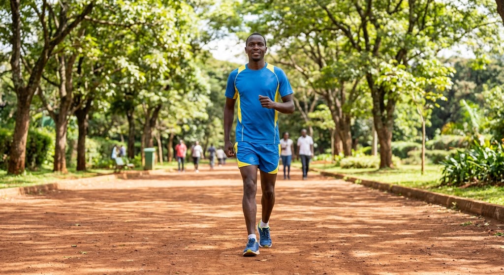 A man takes a light walk outdoors as active recovery for muscle soreness.